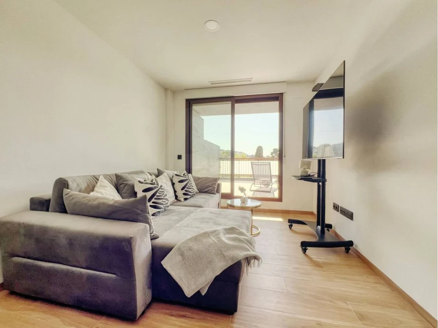 Apartament F: sofa przy wyjściu na taras